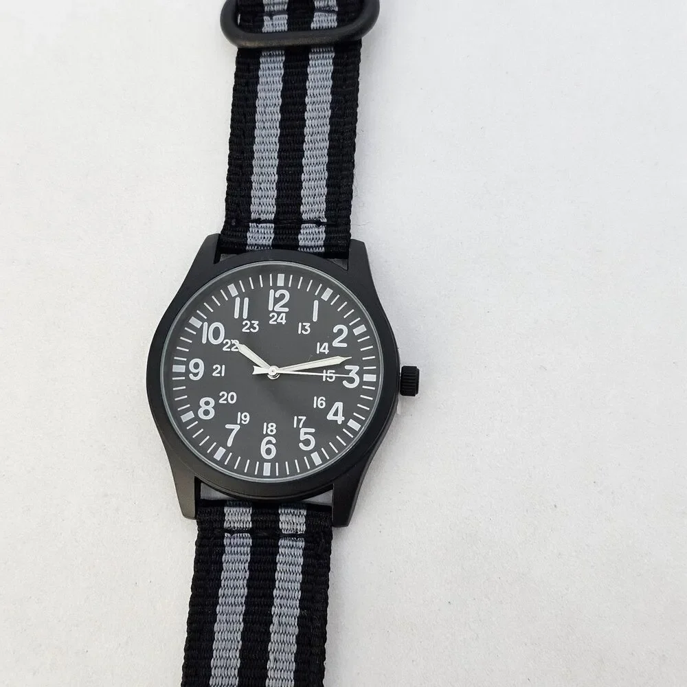 Men's Miltiary Field Watch 42MM Black Case Dial Black Gray Canvas Band‎ Straps